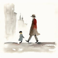 Minimalistic artistic watercolor image of a Lowry inspired scene. Depicting mother and child walking together
