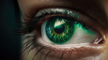 Close-up of a woman's green eye. Generative AI.