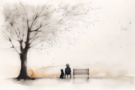 Minimalistic artistic watercolor image of a Lowry inspired scene. Depicting a lone person sitting with a dog
