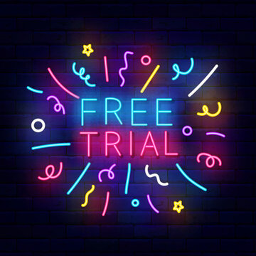 Free trial neon label on brick wall. Explosion confetti. Gratuity, gift period for free. Vector stock illustration