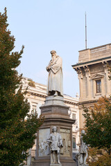 A monument to Leonardo da Vinci built by Pietro Magni in 1872 in Milan, Italy on Piazza della...