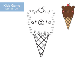 Number puzzle game. Dot to dot. Cute kawaii Ice cream in the shape of a bear. Cartoon food. Educational worksheet. Printable activity page for kids. Connect the dots and color. Coloring book.