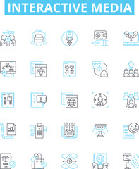 Interactive media vector line icons set. Interactive, Media, Online, Games, Multimedia, Animation, VR illustration outline concept symbols and signs