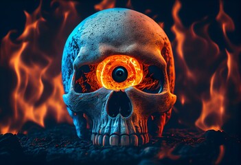 Scary skull with orange burning fiery evil eye. Generative AI