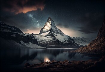panoramic view to the majestic Matterhorn mountain at night. Valais, Switzerland. Generative AI