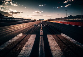 Plakat Wide angle view empty asphalt international race track with start and finish line , motion blur effect apply . Generative AI