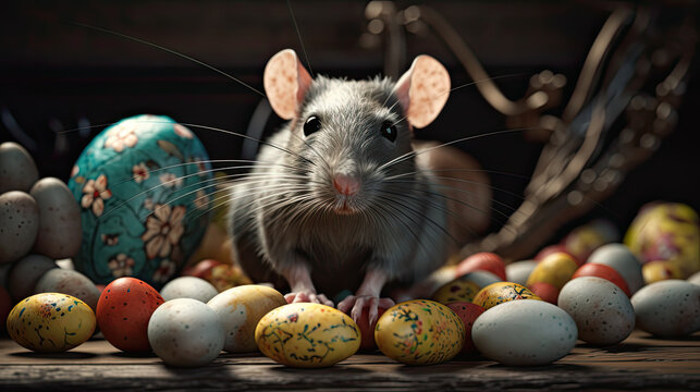 S&uuml;&szlig;e Ratte mit Ostereiern (Generative AI)