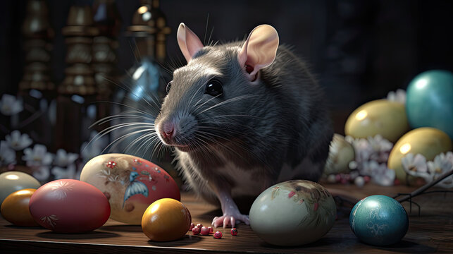 S&uuml;&szlig;e Ratte mit Ostereiern (Generative AI)