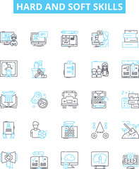 Hard and soft skills vector line icons set. Hard Skills, Soft Skills, Communication, Leadership, Problem-solving, Time management, Decision-making illustration outline concept symbols and signs