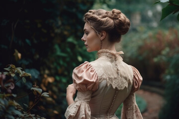 Woman in vintage Victorian era dress stands in spring time garden, back side view, created with Generative AI Technology
