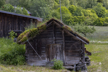 Tradtional wooden hut with green roof at the Norwegian village of Ornes.