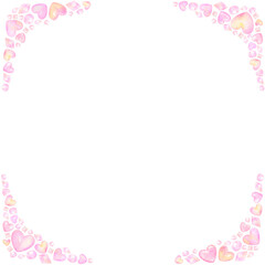 ピンク色のハートと宝石で形作ったキラキラフレーム。水彩絵の具で描いたイラスト。