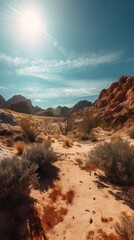 Wild west on a sunny day with many dry plants and mountains Generative AI