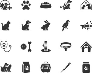Vector set of pet flat icons. Contains icons veterinary, pet food, grooming, paw, pet house,  scratching post, collar, pet carrier and more. Pixel perfect.