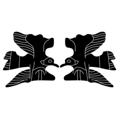 Symmetrical animal design with two flying birds. Ancient Greek vase painting style. Black and white negative silhouette.