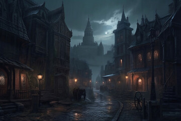 Fototapeta premium horror mysterious city at night fantasy, generative ai