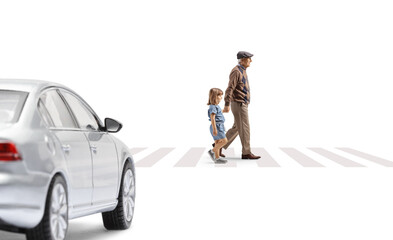 Full length profile shot of a grandfather crossing street with a child and car approaching