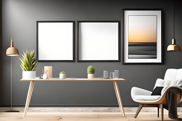 mock up poster frame in modern interior background, home office, Scandinavian style, 3D render, 3D illustration