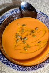 Famous vegetables cold soup from Cordoba, Andalusia salmorejo served cold in cafe for lunch as starter dish