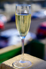 Dinner party, drinking of cava or champagne sparkling wine in vacation resort Caleta Fuste, Fuerteventura, Canary islands vacation, Spain