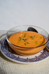 Famous vegetables cold soup from Cordoba, Andalusia salmorejo served cold in cafe for lunch as starter dish