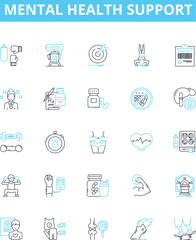 Mental health support vector line icons set. Counseling, Therapy, Psychotherapy, Mentalcare, Treatments, Wellness, Therapists illustration outline concept symbols and signs