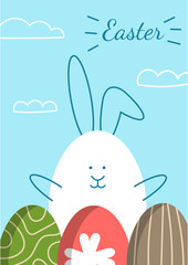 Bunny with Easter eggs on the nature background. Happy Easter Day illustrarion