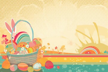 Fototapeta premium Easter Scrapbook Scrapbooking Stationary Colorful Background with Easter Bunny Eggs Basket Vector Illustration