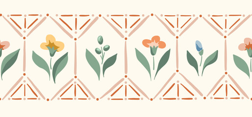 Chintz Romantic Meadow Wildflowers and Geometric Tiles Horizontal Vector Seamless Pattern Border. Cottagecore Garden Flowers Print. Homestead Bouquet Farmhouse Background. Flowers In Greenhouse - 585553590