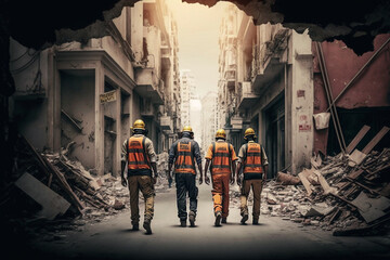 Four construction workers or rescue workers on a street in a big city completely destroyed by an earthquake. Generative AI
