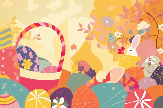 Easter Scrapbook Scrapbooking Stationary Colorful Background with Easter Bunny Eggs Basket Vector Illustration