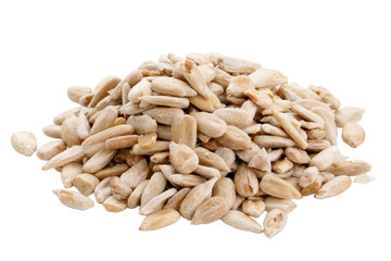 A group of peeled sunflower seeds are isolated on a white background. 