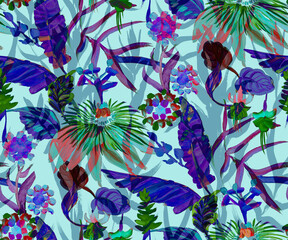 Fototapeta na wymiar Seamless pattern with tropical colorful art flowers and palm blue leaves for textile