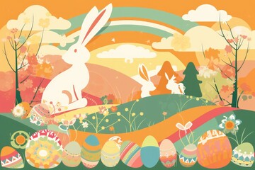 Easter Scrapbook Scrapbooking Stationary Colorful Background with Easter Bunny Eggs Basket Vector Illustration