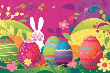 Easter Scrapbook Scrapbooking Stationary Colorful Background with Easter Bunny Eggs Basket Vector Illustration