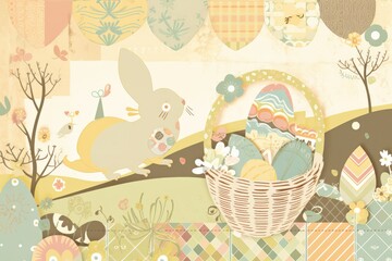 Easter Scrapbook Scrapbooking Stationary Colorful Background with Easter Bunny Eggs Basket Vector Illustration