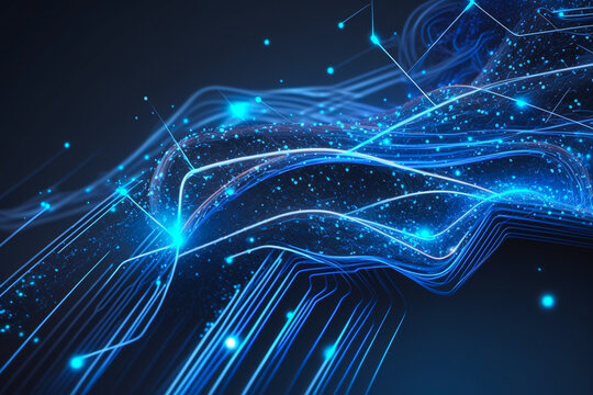 AI-Powered Machine Learning Technology with Swift Data Transmission as Futuristic Blue Neural Network with electrical impulses and Interconnected Nodes in Blue