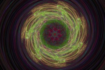 Green orange swirling pattern of crooked waves on a black background. Abstract fractal 3D rendering