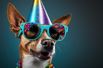 Festive animal, dog in a party hat with crackers and confetti, celebrates a birthday, holiday, postcard, invitation, generative ai