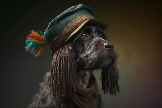 Portrait of a rastaman dog, with a cigarette and smoke, in a colored cap, close up, isolated background, generative ai