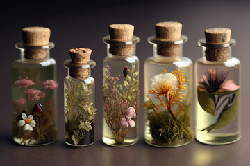 Dry flower and herbarium stored in glass bottles. generative AI