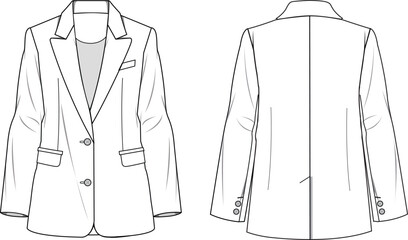 Women's Fitted Blazer Jacket. Technical fashion illustration. Front and back, white color. Women's CAD mock-up.