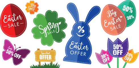 Big Easter SALE stickers offers collection with Spring seasonal elements, bunny, eggs price tag special 50% 30% off