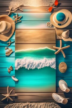 Summer vacation concept, beach accessories on wooden board , preparation for swimming - generative ai
