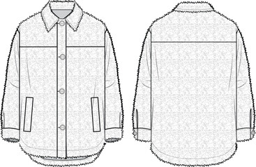 Women's Button-up Teddy Coat. Technical fashion illustration. Front and back, white colour. Women's CAD mock- © Modeberry