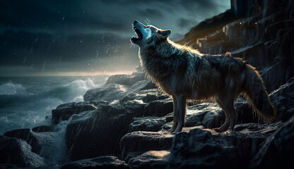 A wild wolf was roaring over a cliff. Based on Generative Ai.