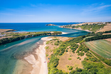 Aerial view of Bantham Beach and River Avon from a drone, South Hams, Devon, England 	