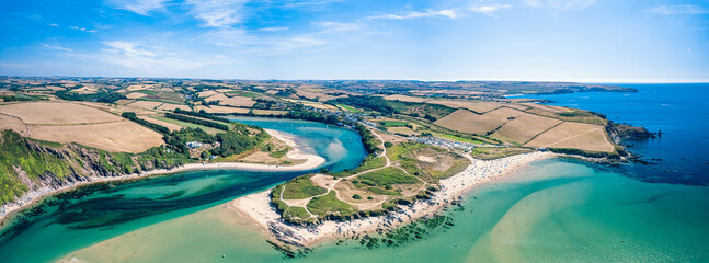 Aerial view of Bantham Beach and River Avon from a drone, South Hams, Devon, England 	