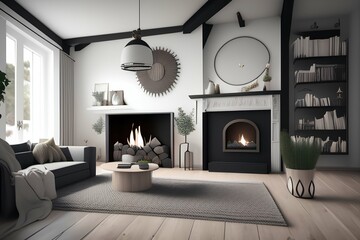 Fireplace Pattern in Scandinavian Farmhouse Style Living Room Interior. 3D render drawing. - generative ai
