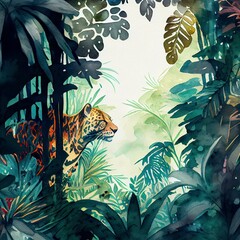 A tropical jungle with exotic animals, watercolor style, aspect ratio 3:2 Generative AI